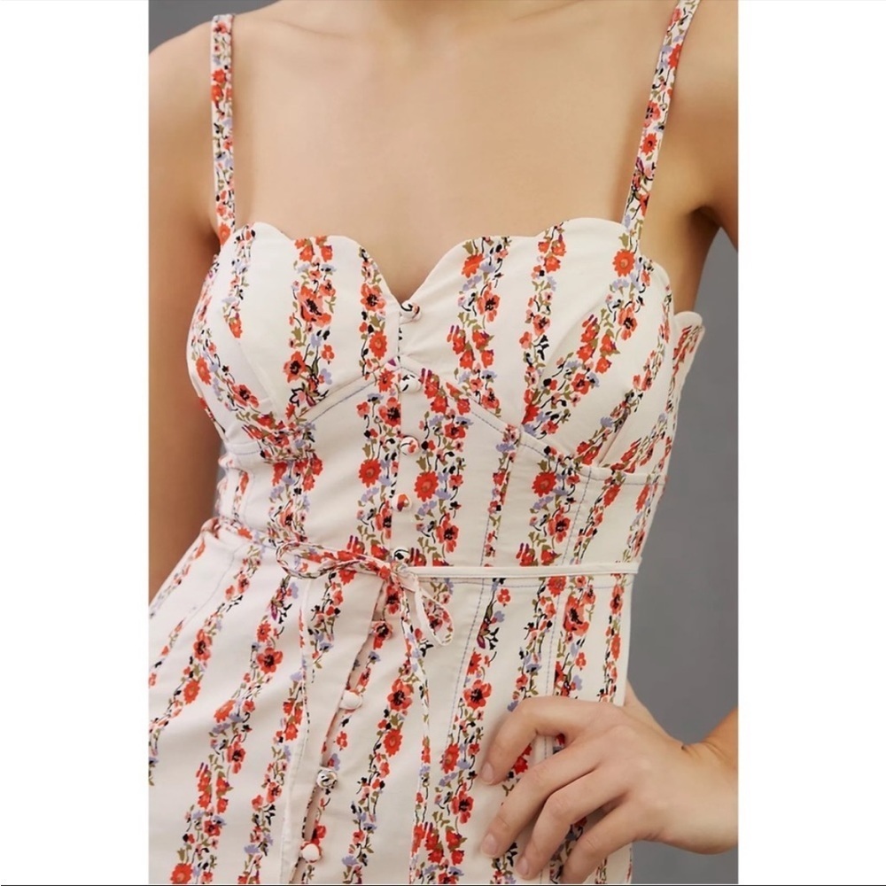 Anthropologie Ivory Floral Sweetheart Midi Dress Button Front Size Size 14 NWT - Picture 2 of 6